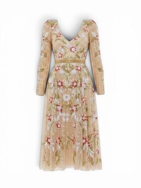 NWT Mac Duggal Long Sleeve Floral Sequined Beaded A-line Midi Dress